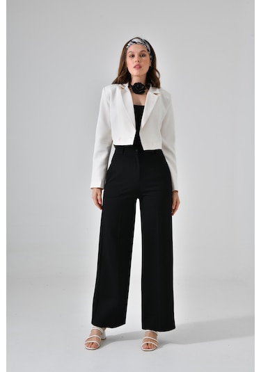 Ekru Kruvaze Crop Blazer Ceket Ekru