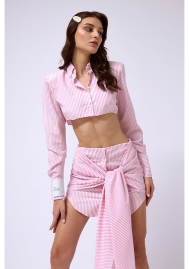 Bağlamalı Çizgili Etek Pembe