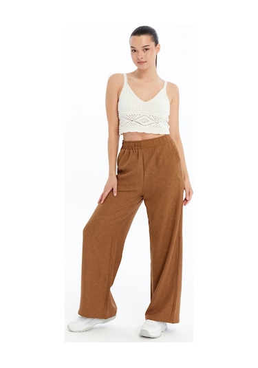 Genius Store Kadın Pantolon Keten Karışımlı Beli Lastikli Kırışmaz Kumaş Pantolon Keten-pantolon Kahverengi