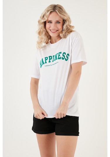 Lela Baskılı Pamuklu Oversize Bisiklet Yaka Bayan T Shirt 541Happiness Beyaz
