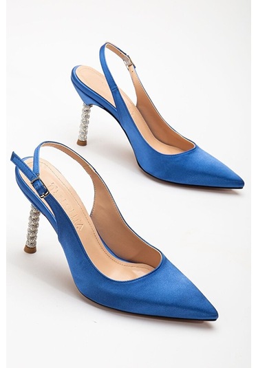Saten Taşlı Özel Tasarım El Yapımı Stiletto MAVİ