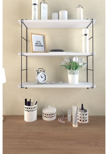Eva Metal Tasarim Modern Büyük Boy 3 Katlı Duvar Rafı Beyaz