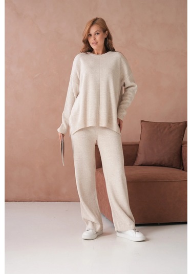 Kadın Bisiklet Yaka Yırtmaçlı Kazak Pantolon İkili Triko Takım Taş