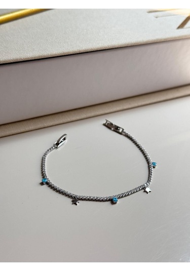 Yıldız Figürlü Mavi Taş Detaylı Gümüş Renk Çelik Bileklik Zarif Kadın Takı Gümüş