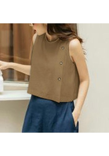 Vonda Kadın Yaz Yuvarlak Yaka Kolsuz Düğmeli Düz Renk Günlük Tank Haki Vonda Kadın Yaz Yuvarlak Yaka Kolsuz Düğmeli Düz Renk Günlük Tank Haki