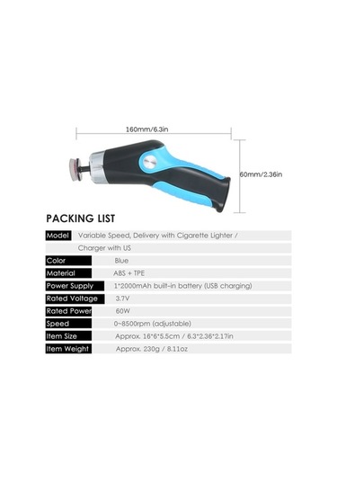 Pazly 60w Taşınabilir Araba Cilalama Makinesi, 8500 Rpm, Usb Şarj, Çizik Giderme, Mavi
