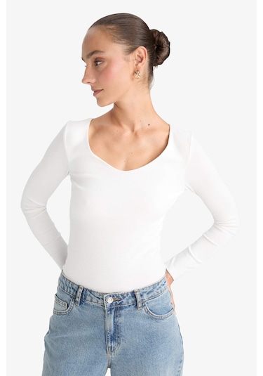 Defacto Slim Fit Dar Kesim Basic Düz Modal Uzun Kollu Tişört F7153ax25auer105 Ekru