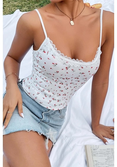 Merry See Çiçek Desenli Askılı Atlet Bluz Crop Top Çok Renkli