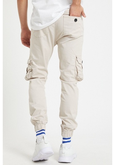 Slim Fit Körüklü Cep Paça Lastikli Esnek Kumaş Erkek Kargo Pantolon Bej
