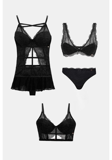 Roma Siyah 4'lü Dantelli Sütyen, Babydoll, Külot Çeyiz Seti Siyah