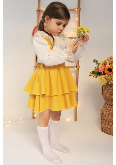Kız Çocuk  Helen Sarı Askılı Kat Kat Bağlama Jile Elbise Dantel Detay Ekru Uzun Kollu Bluz Takım