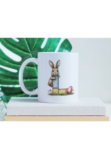 L Harfli Tavşan Kupa - Patchwork / Yamalı Desenli İsme Özel Kupa - Pastel Vintage Tarz Hediyelik 07 Beyaz