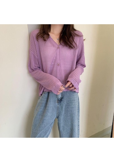 Beyaz Kadın İlkbahar Ve Yaz V Yaka Delikli Uzun Kollu Klimalı Gömlek İçin İnce Örgü Güneş Koruyucu Hırka Ceket Beyaz