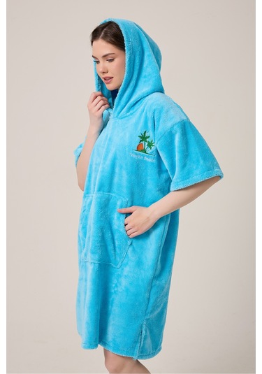 Palmiye Sörf Nakışlı Yetişkin Sörf Yazlık Panço Kapüşonlu Plaj Havlusu Mavi Mavi