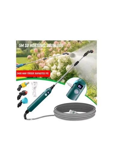 Shopytech 2400 Mah Şarjlı Sulama Tabancası 3 Başlık Teleskopik Çubuk 5 M Emiş Hortumu Type-c 1 Adet