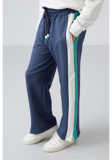 Tommy Life Petrol Yırtmaç Detaylı Cepli Geniş Paça Kız Çocuk Eşofman Alt - 75141 Petrol