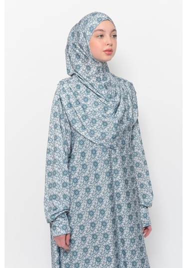 Pratik Tek Parça Güneş Desenli Kollu Tak Çıkar Başörtülü Likralı Tesettür Namaz Elbisesi 990-0302 Açık Zümrüt Antrasit