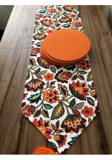 Çiçekli Şal Desenli Runner & Turuncu Düz Supla Çok Renkli