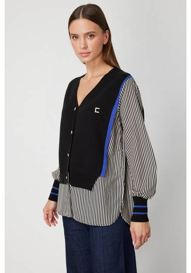 On Kadın Mix Kumaş Gömlekli Bluz 66374 Siyah Siyah