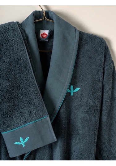 Cotton Box Puff Nakışlı Aile Bornoz Seti Gala Bej- Petrol Petrol