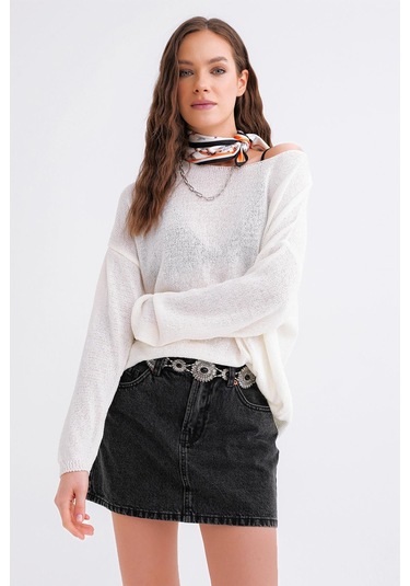 6933 Kadın Kayık Yaka İnce Mevsimlik Triko Kazak Beyaz Beyaz