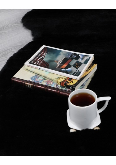 Dekoratif Tavşan Tüyü Ultra Yumuşak Peluş Yuvarlak Halı Siyah