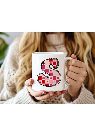 S Harfi Pembe Kareli Kalpli Göz Emojili Kupa Bardak Eğlenceli Kareli Tasarım Kahve Çay Kupası 07 Beyaz