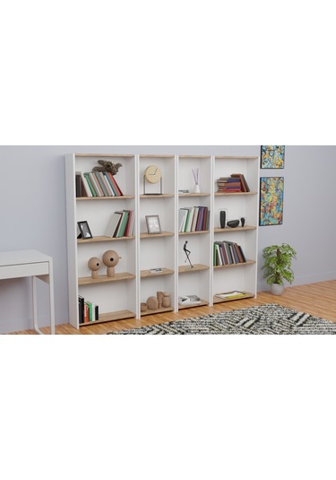5 Raflı Kitaplık Seti 2 Dar 2 Geniş Raf Kütüphane Beyaz - A.çam