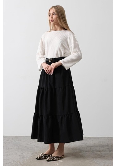 Pamuklu Beli Lastikli Etek - Siyah Siyah