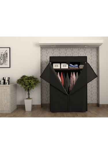Çelik Borulu Siyah Bez Dolap Gardrop