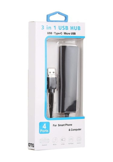 3'ü 1 Usb-c / Typ-c + Mıcro Usb + 4 X Usb 2.0 Bağlantı Noktası Hub Dönüştürücü, Kablo Uzunluğu: 12cm Siyah