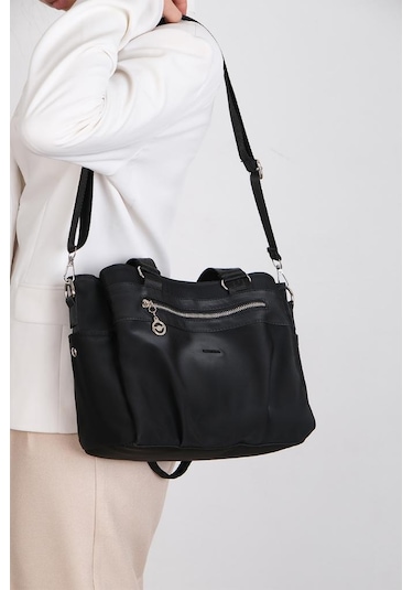 Kadın Omuz Çantası Saten Kumaş 35 25 Cm Çapraz Askılı Postacı Çanta Mega Bag Vegan Deri Kol Çantası Siyah