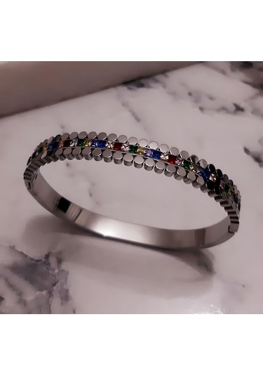 Giftworld Çelik Silver Taşlı Kelepçe Bileklik