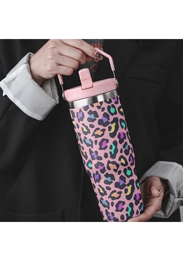 Trendooze Yeşil Leopar Desenli 30 Oz Paslanmaz Çelik Termos Çift Katmanlı Vakum Yalıtımlı Sızdırmaz Kapak Taşıma Saplı Kampçılı Yeşil