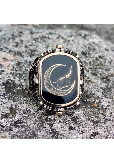 Fkgümüş Kırmızı Mineli Ay Yıldız Siyah Mineli Bozkurt Yüzük