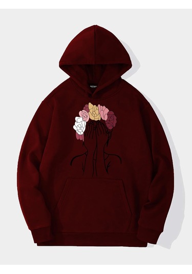 Unisex Colorful Hair Baskılı Kapüşonlu İçi Yumuşak Polarlı Oversize Sweatshirt - Bordo Bordo