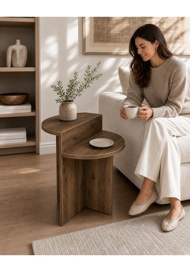 Luna Yan Sehpa Oval Hatlı Ahşap