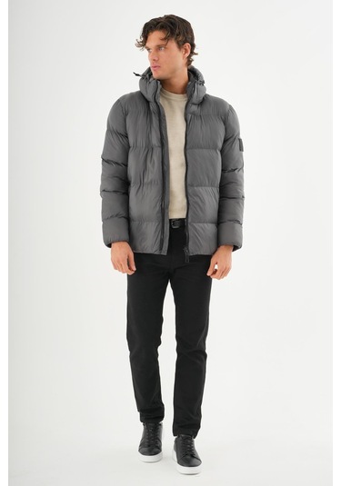 Erkek Kapüşonlu Fermuarlı Cepli Kışlık Şişme Kısa Mont Antrasit