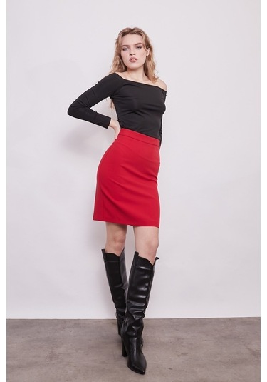 Yüksek Bel Diz Üstü Kumaş Kalem Etek-Kırmızı