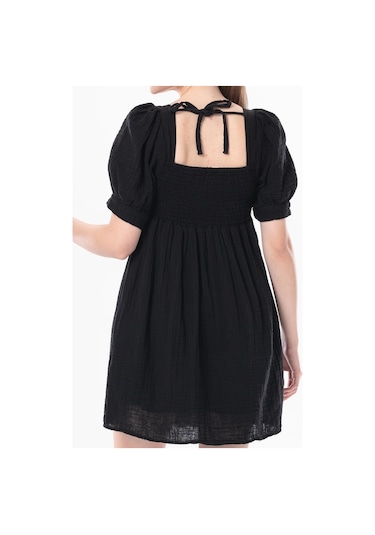 Kısa Kol Lara Kare Yaka Bağlama Detaylı Yazlık Müslin Elbise Siyah Syh-siyah Siyah