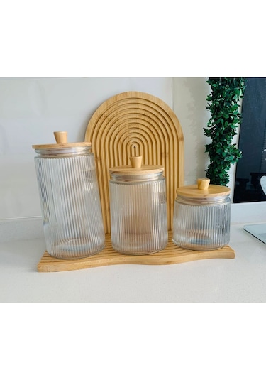 Qerhome Bambu Kapaklı Vakumlu 3'lü Çizgili Kavanoz Seti 800/1300/1800 Ml ŞEffaf
