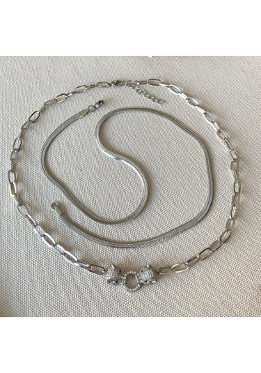 Kaplan Taşlı Trend İkili Çelik Kolye Çok renkli