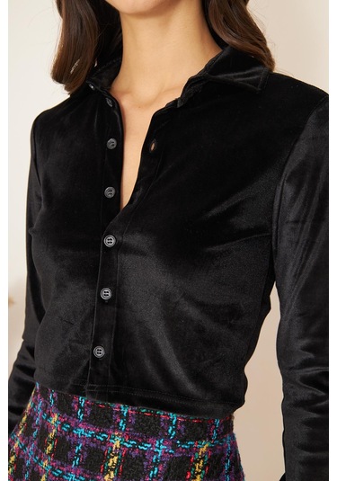 Darlin Moda Kadın Siyah Kadife Uzun Kollu Crop Gömlek Dm9003 Siyah