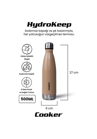 Cooker Hydrokeep 500 Ml Paslanmaz Çelik Şişe Termos Ckr2071 Bej