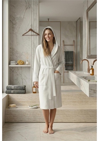 Soft Comfort Lacost Örgü Unisex Kapüşonlu Bornoz Beyaz