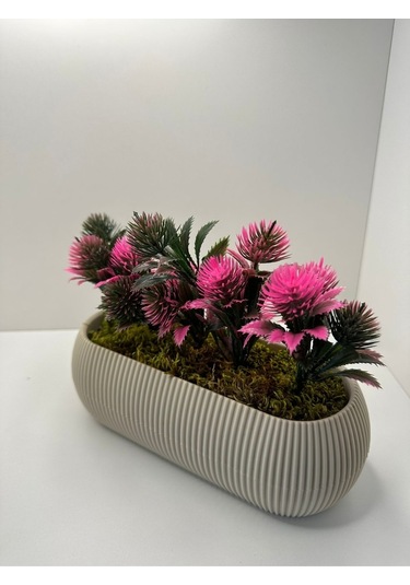 Uzun Bej Renk Saksıda Yapay Çiçek Pembe Iğneli Çam Demeti Dekoratif Mutfak Banyo Masa Çiçeği 21x9x7 - Pembe