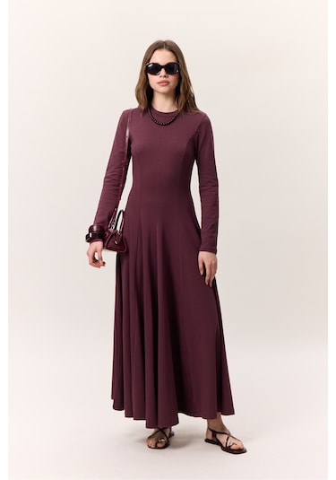 Kuplu Uzun Kollu Elbise Bordo Bordo