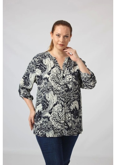 Moda Berray 3295 Lacivert Krem Karışık Desenli Viscon Kumaş Gömlek Siyah