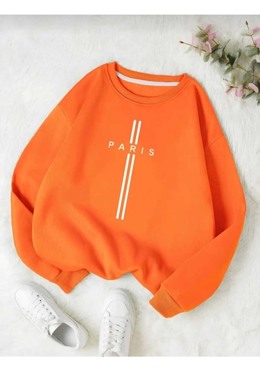 Kozia Outdoors Paris Dikey Baskılı Oversize Unisex O Yaka Sweaşhirt Turuncu Turuncu