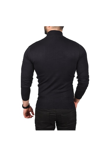 Deepsea Erkek Lacivert Çizgi Desenli Tüylenme Yapmayan Yarım Balıkçı Yaka Triko Kazak 2505501 Lacivert